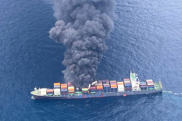 Indian coast guard battles massive fire on container ship listing off Kerala